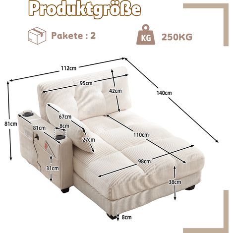 Fauteuil velours côtelé doux, accoudoirs capitonnés pivotants, repose-tête ajustable, 3 gobelets et rangement latéral, chambre et salon, beige (1/4)