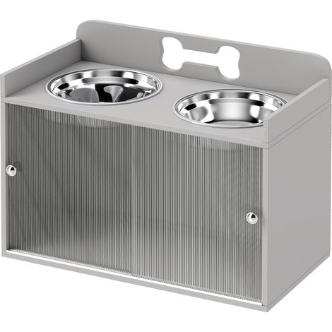 Station d'alimentation surélevée avec 2 bols et placard, motif osseux gris, en acier inoxydable et en MDF (1/5)