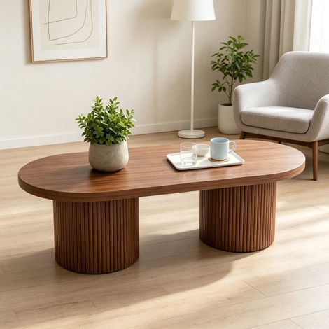 Table basse ovale 100x50x35 cm table de salon moderne avec rangement charge 50 kg en MDF bois massif métal et velours noyer