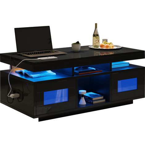 Table basse noire brillante 100×50×43 cm, avec éclairage LED pilotable via application mobile, table de salon avec meuble de rangement, table d’appoint avec port de charge et prise, adaptée au bureau  (1/5)