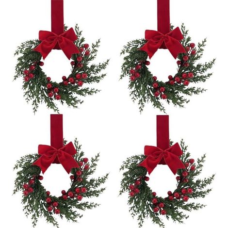 Lot de 4 mini couronnes de Noël artificielles de 26 cm avec ruban rouge pour armoire de cuisine, petites couronnes de Noël, pendentifs pour mur, fenêtre, porte d'entrée, décoration de mariage (1/5)