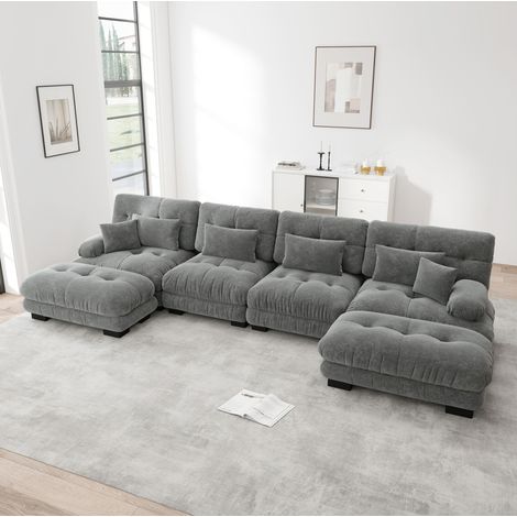 Sofá modular en U gris de chenilla con otomana móvil y asientos profundos (1/5)