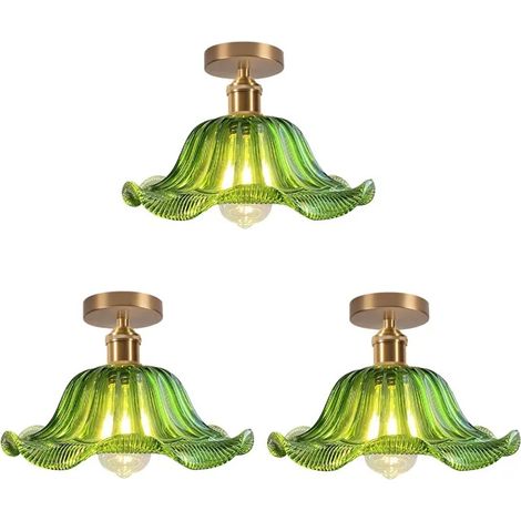 3pcs Plafonnier en Verre Vert,Lustre Industriel Lampe de Plafond Style Nordique E27 Luminaire Plafond Abat-jour Design Fleur (1/5)