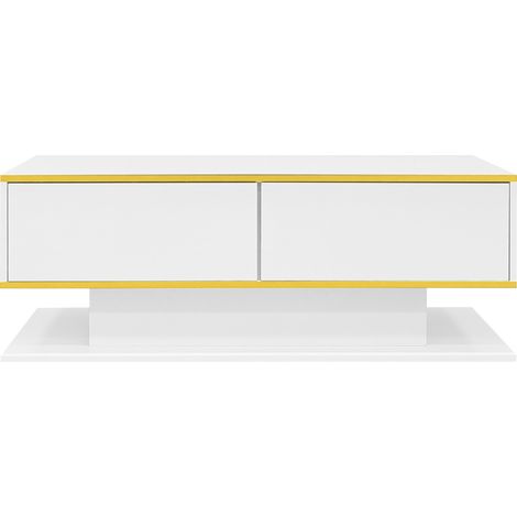 Mesa de centro LED blanca de alto brillo con detalles dorados, 3 cajones y USB, HOMVRA (1/5)
