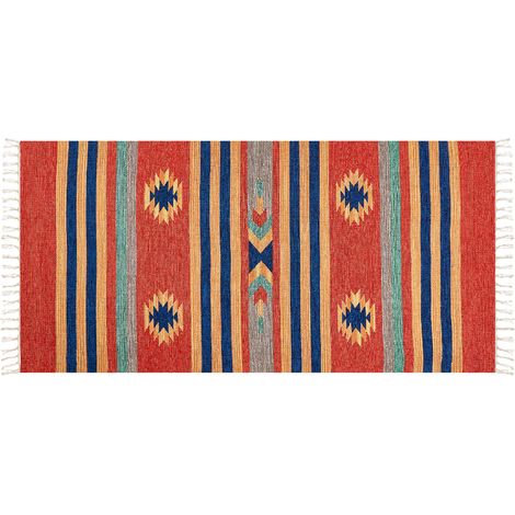 Alfombra kilim de algodón azul rojo naranja 80 x 150 cm a mano geométrico borlas Hatis