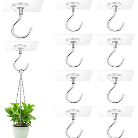 Crochets de plafond auto-adhésifs, paquet de 10, sans perçage, crochets de suspension pour plantes suspendues, lanternes, carillons éoliens en acier inoxydable, crochets d'extérieur[NX] (1/5)