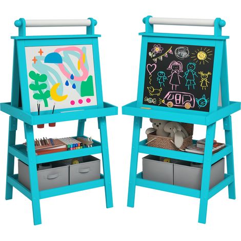 Chevalet enfant tableau blanc et noir magnétique double face rouleau papier rangements bleu