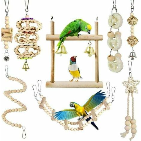 Juego de 8 juguetes para masticar, columpio, campana, madera natural y cadena de metal para loros y periquitos. (1/5)