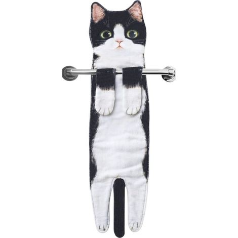 Serviette décorative à suspendre en forme de chat, motif chat noir et blanc, pour cuisine et salle de bain