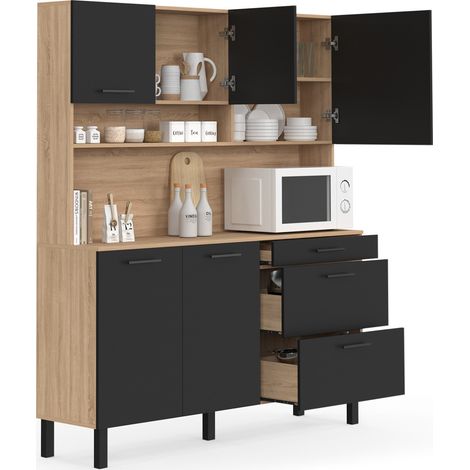 Idmarket – Buffet casserolier de cuisine 140 cm – 5 portes et 3 tiroirs – Finition bois clair et noir – Rangement optimisé pour cuisine moderne
