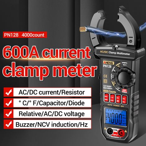 Pince multimètre numérique ANENG PN128 4000 points, testeur électrique 600A AC/DC, voltmètre ampèremètre True RMS, mesure résistance condensateur diode Hz température