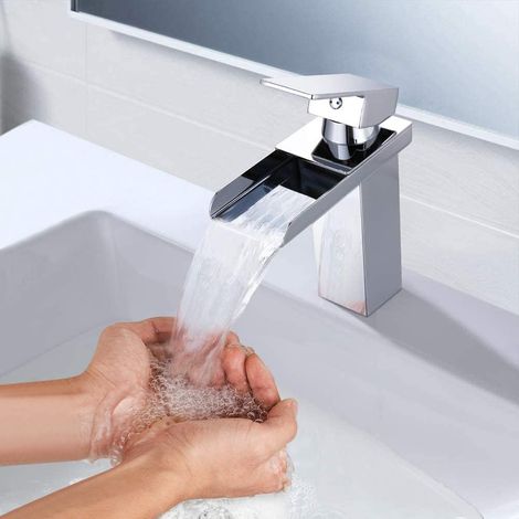 Robinet Salle de Bain Cascade, Mitigeur Lavabo Chromé, Ultra-Large 6cm, Eau Froide & Chaude Disponible, Acier Inoxydable, Robinetterie Salle de Bain Design Moderne (1/4)