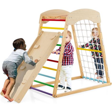 Costway – Aire de jeux intérieure 6 en 1 en bois – Triangle d'escalade avec rampe double face – Inclinaison réglable – Filet et échelle – 1 an+