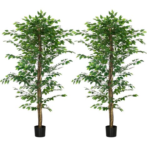 Lot de 2 plantes artificielles ficus hauteur 1,80 m tronc branches liane lichen feuilles grand réalisme pot inclus vert