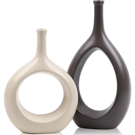 Vase marron blanc cassé en céramique pour décoration d'intérieur, cercle minimaliste moderne avec trou, vase décoratif à ellipse creuse pour bibliothèque, cheminée, centres de table, ferme (1/5)