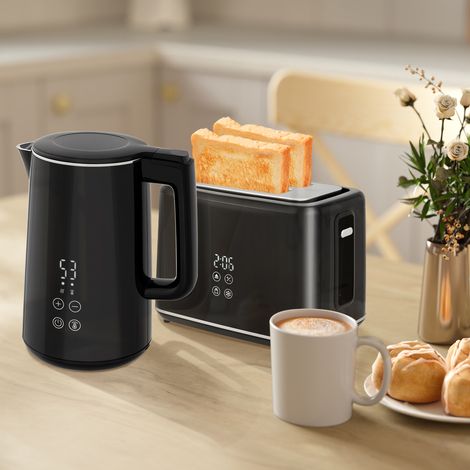 Küchenset mit Wasserkocher und Toaster, 7 Bräunungsstufen, schnelles Kochen, Edelstahl, Kunststoff, Schwarz
