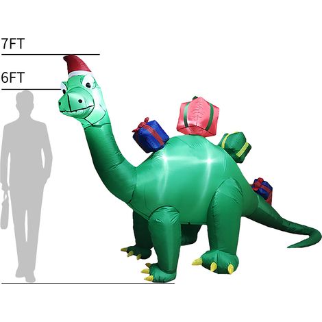Aufblasbare Weihnachtsdekoration: 2,13 m großer grüner Dinosaurier mit LED-Beleuchtung, Heringen und Befestigungsseilen für Garten- und Freiluftpartys. (1/2)