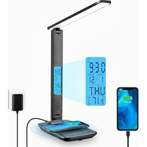 Lampe de Bureau LED avec Chargeur Sans Fil et USB,Lampe de Bureau Réglable Flexible Contrôle Tactile,Affichage LCD Avec Fonctions heure, alarme et température(A-Noir)，3317