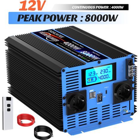 Onduleur à onde sinusoïdale pure 12V DC vers 230V AC, 4000W continu, 8000W crête, avec écran LCD et télécommande, convertisseur de tension pour camping-car (1/5)