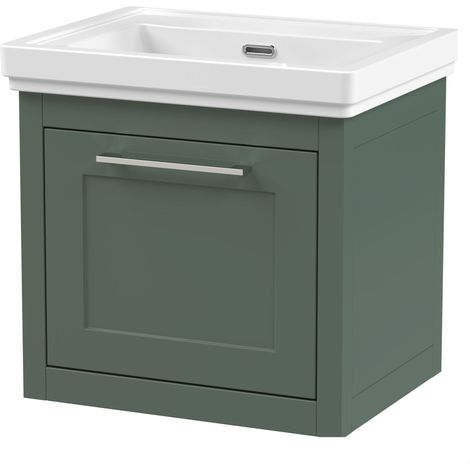 Blithbury Traditional Bathroom Wall Hung 1 Drawer Vanity Unit and 0 Tap Hole Fireclay Basin, 500mm, Matt Green