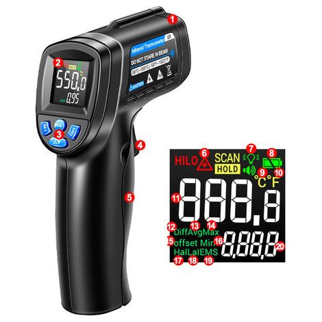 RHG Thermomètre Infrarouge, -50°C~550°C Sans Contact Thermomètre Laser Avec Écran Couleur LCD pour Cuisine/Réparation/Pizza/Industrie (PAS pour l'homme) (1/5)
