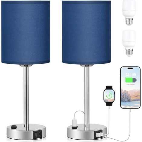Touch Lampes pour chambres à coucher Set de 2 bleu - 3 voies Dimmable lampe de chevet avec ports et prises USB C et A, lampe de table de chevet moderne avec abat-jour en lin et base argentée, petites (1/5)