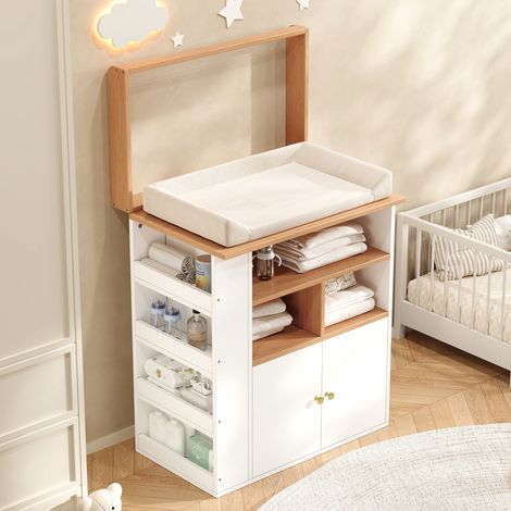 Cómoda cambiador bebé 2 en 1 - 82x50x100 cm - barrera de seguridad extraíble con cajones y estantes - mdf nórdico blanco y madera (1/5)