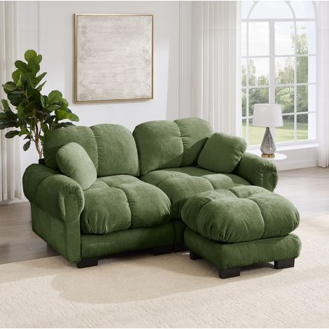 Canapé d’angle modulaire 2 places vert en chenille avec ottomane mobile et coussins épais matelassés (1/5)