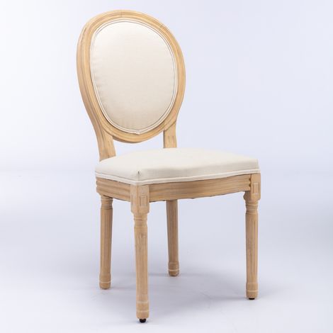 Ensemble de 2 chaises de salle à manger de style français avec structure en bois massif et finition peinture antique, dossiers en tissu lin, couleur beige. (1/5)