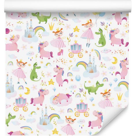 Papel pintado de princesas, unicornios y dragones para salón y dormitorio, 50x1000 cm. (1/5)