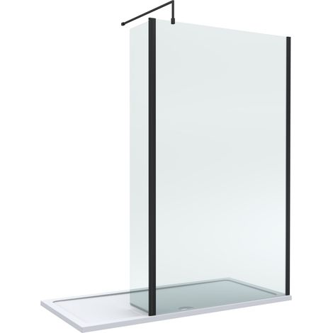 8mm Glass Walk In Wetroom Screen and Hinged Return Screen with Matt Black Profile and Shower Tray - 1700 x 900mm