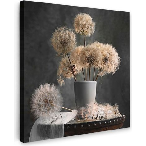 TABLEAU SUR TOILE Graines de fleurs - Pissenlit - Vase - Nature morte - Bouquet Tableau Chambre Adulte 90x90 cm