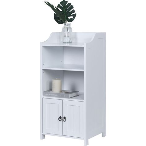 Armario de baño Relaxdays, 86 x 40,5 x 36 cm, 4 estantes, 2 puertas, MDF, mueble auxiliar estrecho, blanco.