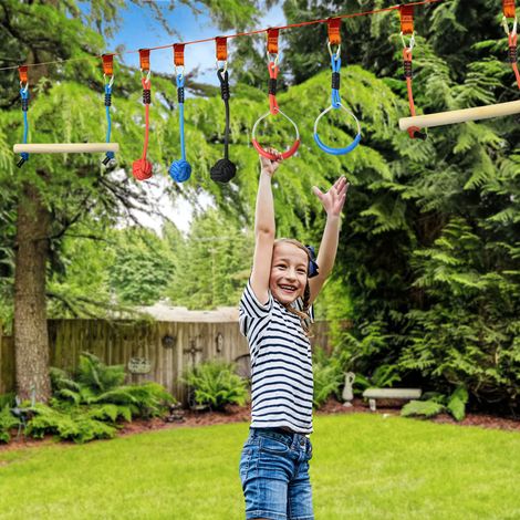 Parcours d'obstacles Ninja pour enfants avec 30 accessoires et un sac de transport, slackline bleue, noire et rouge de 10 m (1/5)