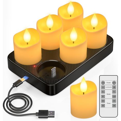 Bougies rechargeables avec télécommande, lot de 6 bougies chauffe-plat LED sans flamme à piles avec effet vacillant avec base de charge pour décorations de fête de Noël, Halloween, réveillon du (1/5)