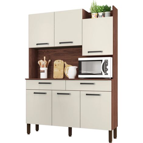 Buffet de Cuisine 6 Portes 2 Tiroirs Noyer Blanc 10 Niches L 132 H 186 P 38.8 cm