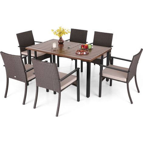 PHIVILLA Outdoor Dining Furniture Set 7 Piece, 6 Rattan Chairs and A Rectangular Table with Adjustable Umbrella Hole, Waterproof Cushion Included, Garden Table and Chairs Set 6, Weather Resistant (1/5)