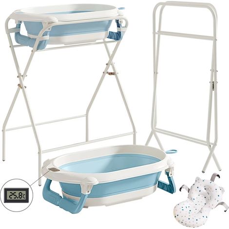 Baignoire pour bébé 3 en 1 avec support, baignoire pliable pour nouveau-né à tout-petit avec thermomètre et oreiller de bain, multifonctionnel, Bleu (1/5)
