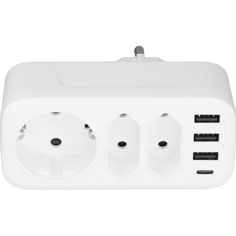 7-in-1-Mehrfachsteckdose, 3-fach-Adapter, 3 USB-Anschlüsse, 1 USB-C-Anschluss, EU-DE-Adapter, EU-Stecker, AC 100–250 V (1/5)
