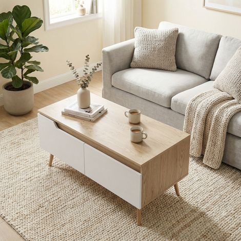 Couchtisch mit 2 Schubladen, niedriger Wohnzimmertisch mit Kiefernholzbeinen, 100 x 50 x 46 cm, Eiche