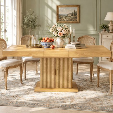Tavolo da pranzo allungabile 140-180 x 90 cm con contenitore e ante scanalate, MDF, OKMYHOME (1/5)