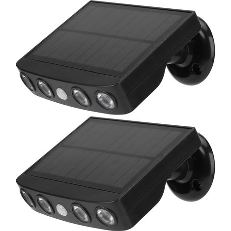 Lot de 2 lampes murales noires avec fausse caméra de sécurité à lumière blanche, panneau solaire et détecteur de mouvement PIR. (1/5)