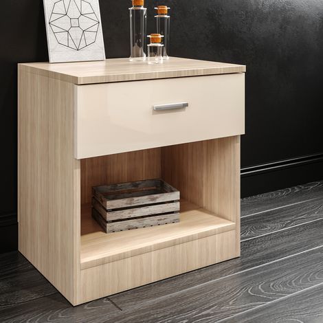 ELEGANT Cream/Oak Soft Close Bedside Cabinet High Gloss Bedroom Furniture Set with Drawer for Bedroom, Home Storage Organizer (1/5)