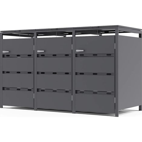 Abri pour poubelle en acier galvanisé gris anthracite - 0,6 mm - 3 poubelles de 240L - L200 x P80 x H116 cm - LOKAFA (1/4)