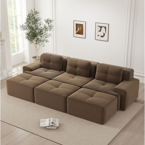 Canapé d'angle modulable 3 places brun en velours côtelé avec fonction couchage et 3 poufs (1/5)