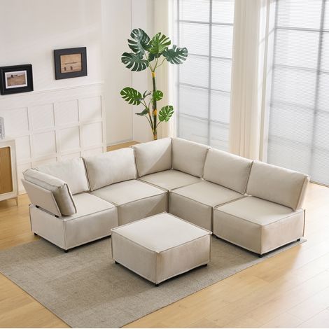 Canapé d’angle modulaire en tissu beige 308x152x77 cm, composition flexible 6 modules (1/5)