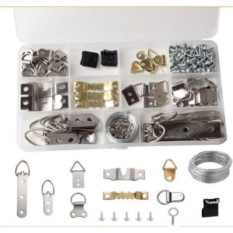 Set di 165 ganci in metallo per appendere cornici, con viti incluse, in una scatola. Ganci resistenti per appendere cornici, quadri e decorazioni murali. (1/5)