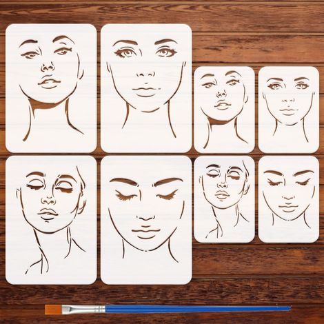 8 Pcs Pochoir Visage Féminin Abstrait Avec Un Pinceau, 29.7x21Cm/20x14cm Réutilisable Pochoirs Thème Femme Pochoir Visage Féminin pour Peinture sur Toile Bois Mur Tissu Meuble (1/5)