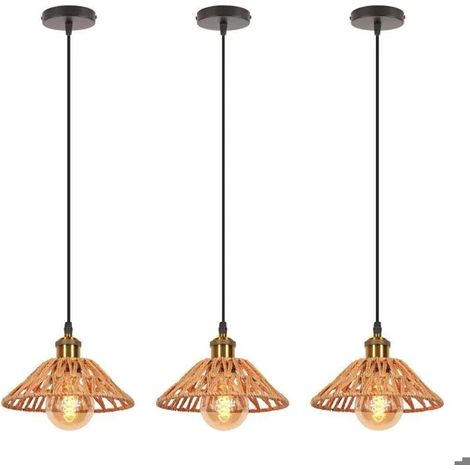 3pcs Rétro Suspension Luminaire Industriel Lustre Plafonnier Vintage en Corde de Papier Tissé Lampe Abat-jour Design Chapeau (1/5)
