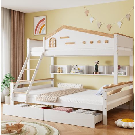 Litera infantil de madera maciza y MDF blanco y natural, 90x200/140x200 cm, con estantes abiertos y 2 cajones (1/5)
